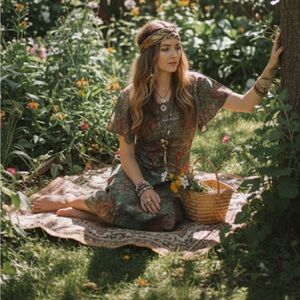 Vintage 60s Flutter Sleeve‎ Floral Sheath Dress Bohemian Cottagecore Size 14